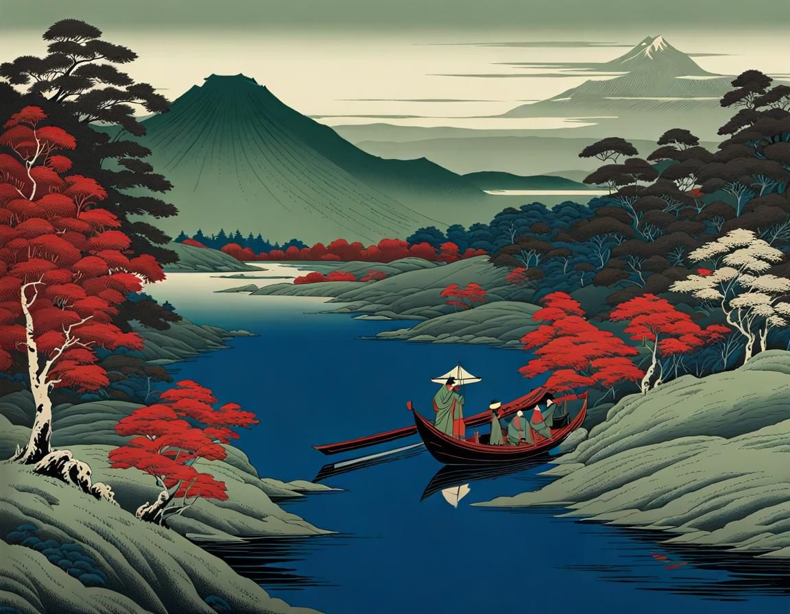 Charon's Ferry: Ukiyo-e Landscape in Earth Tones