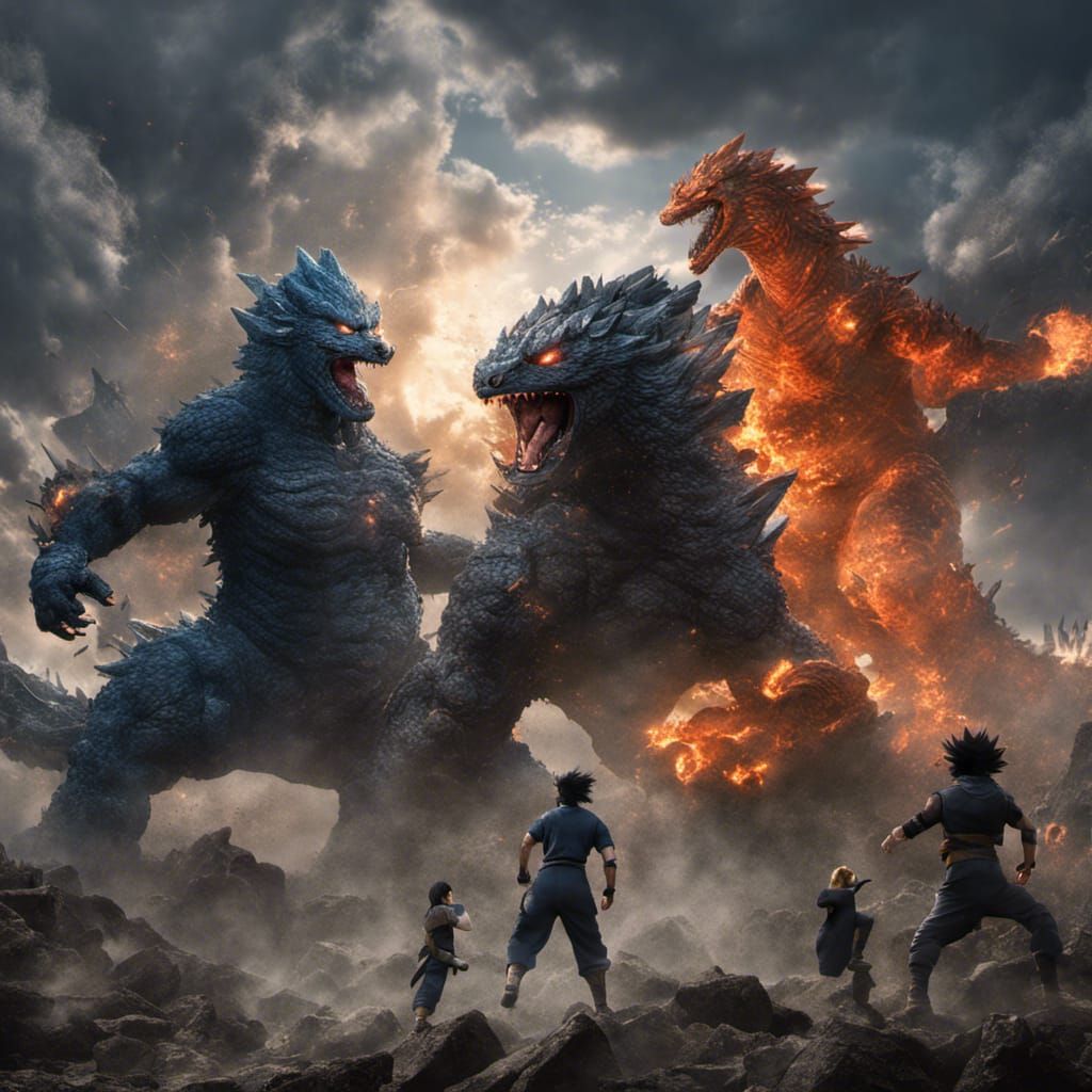Anime Heroes Clash with Godzilla in Epic Battle