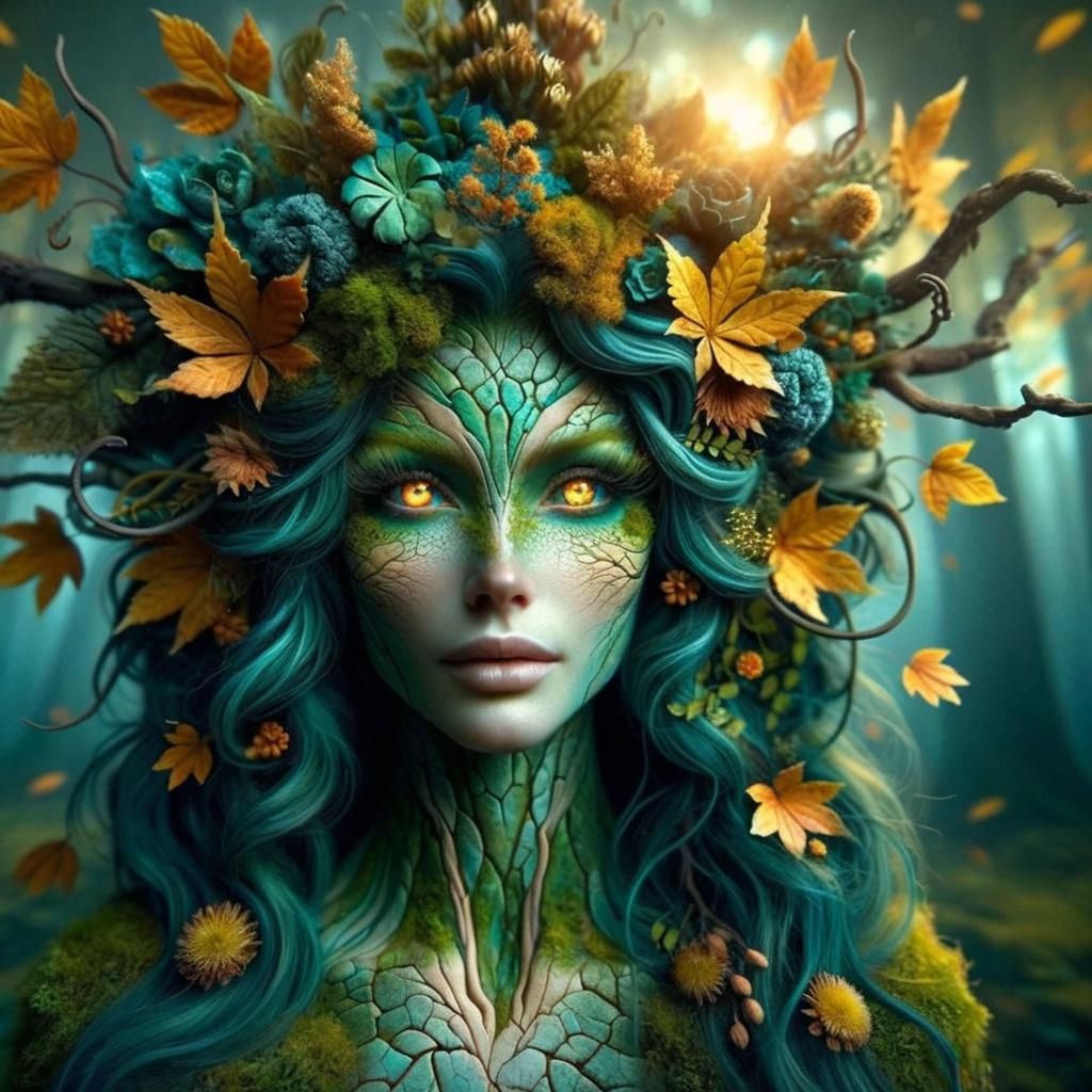 Intricate Turquoise Stone Face with Autumnal Crown