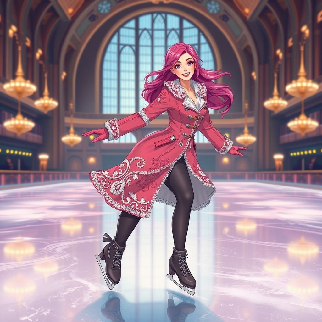 Pink-Haired Woman Ice Skating in Manga Anime Style