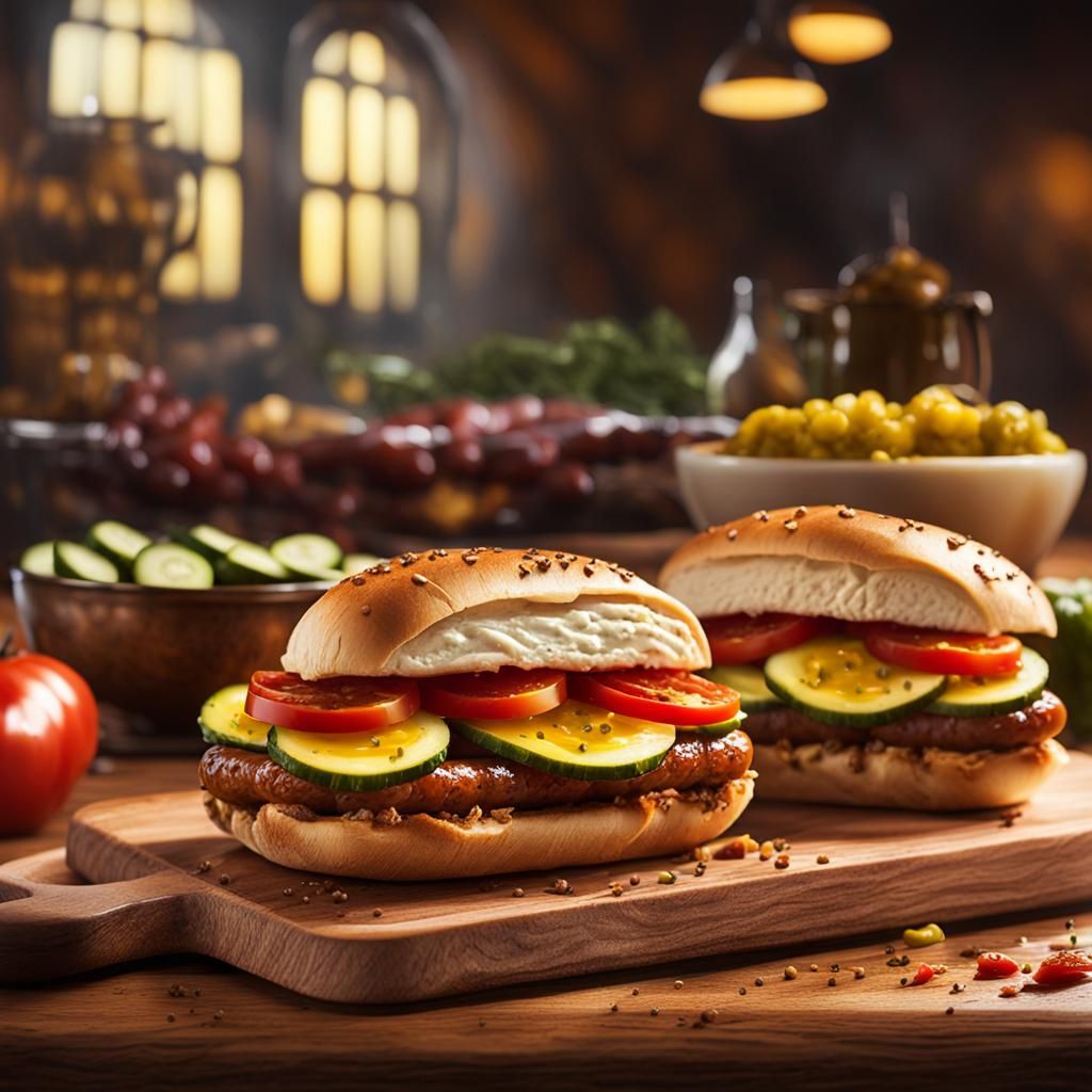 Sausage on Bun Topped With Mustard and Pickles