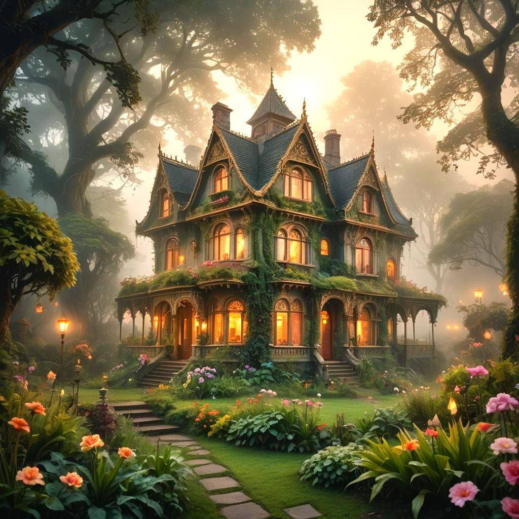 Ethereal House of Flowers in Misty Landscape