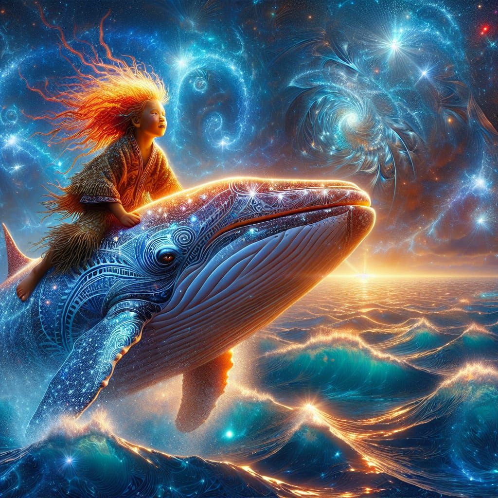 Young Maori Child Rides Majestic Whale with Radiant Energy