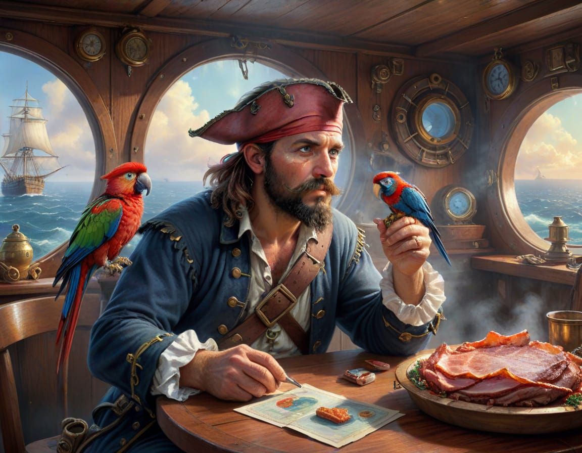Pirate Captain Enjoys Bacon in Ethereal Watercolour Ship Cab...