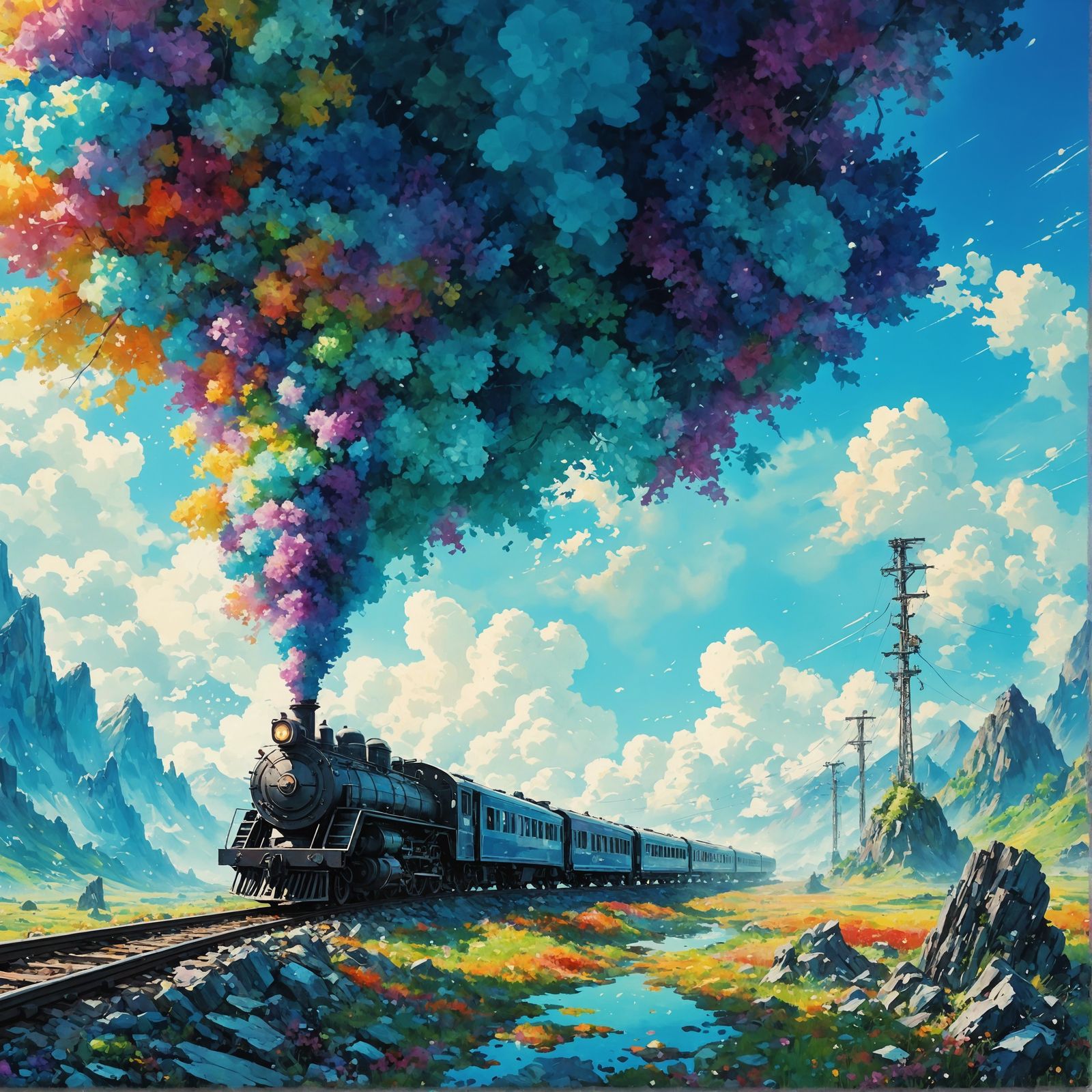 Whimsical Anime Train in DataMist Scenery
