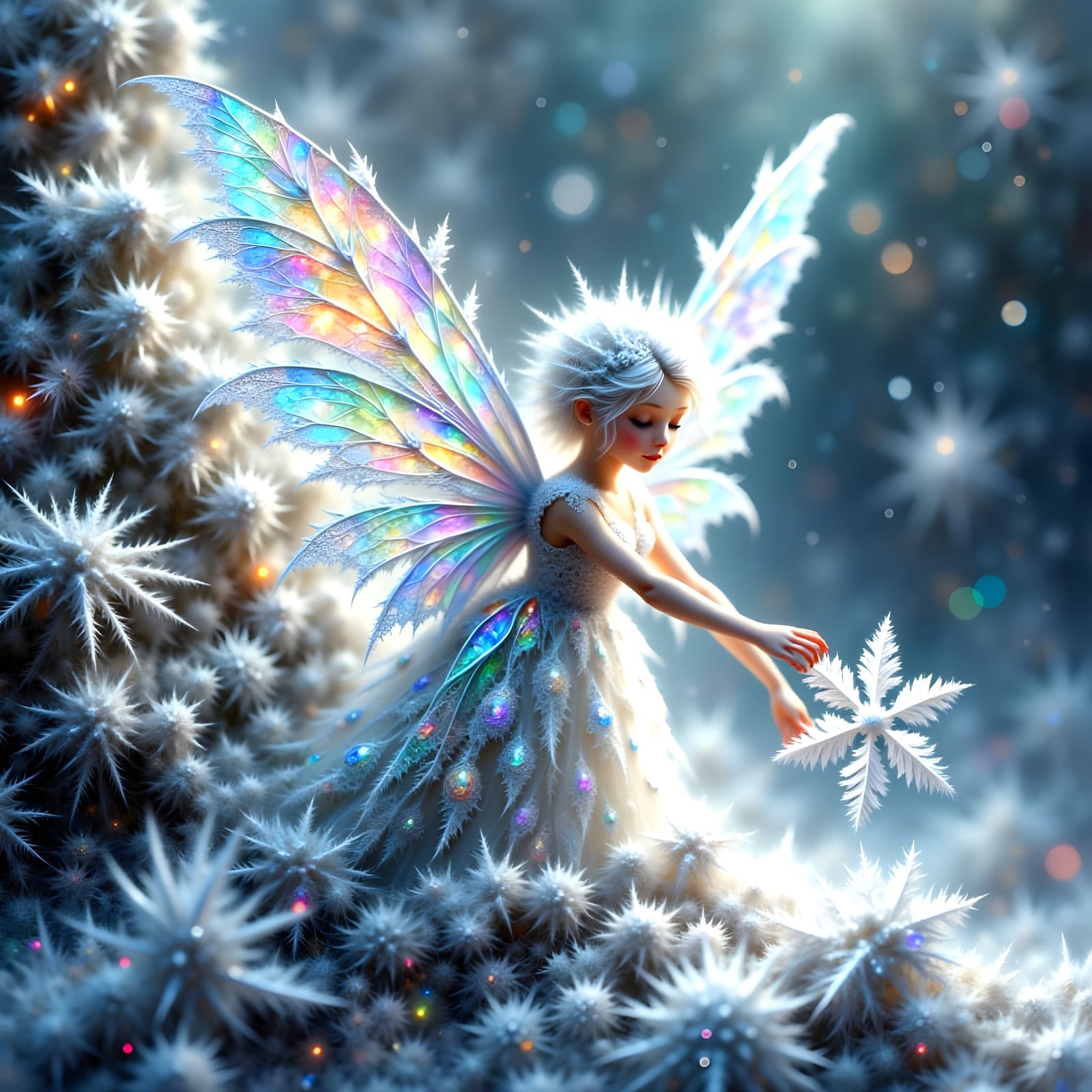 Microscopic Fairy Holds Intricate Snowflake in Fractal Style