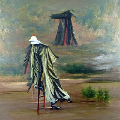 Cloaked Figure on Stilts: Oil Painting