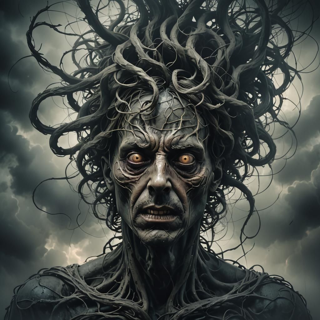 Dark Surrealism: Frightened Figure with Swirling Thoughts