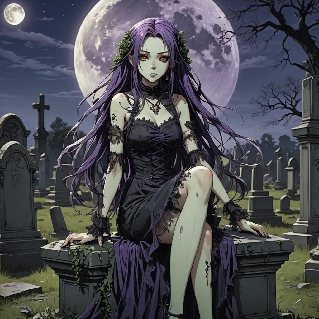 Anime Girl in Gothic Cemetery Under Moonlight