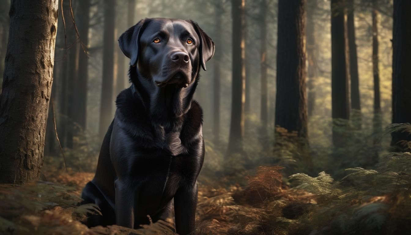 Hyperrealistic Black Labrador Retriever in Enchanting Forest