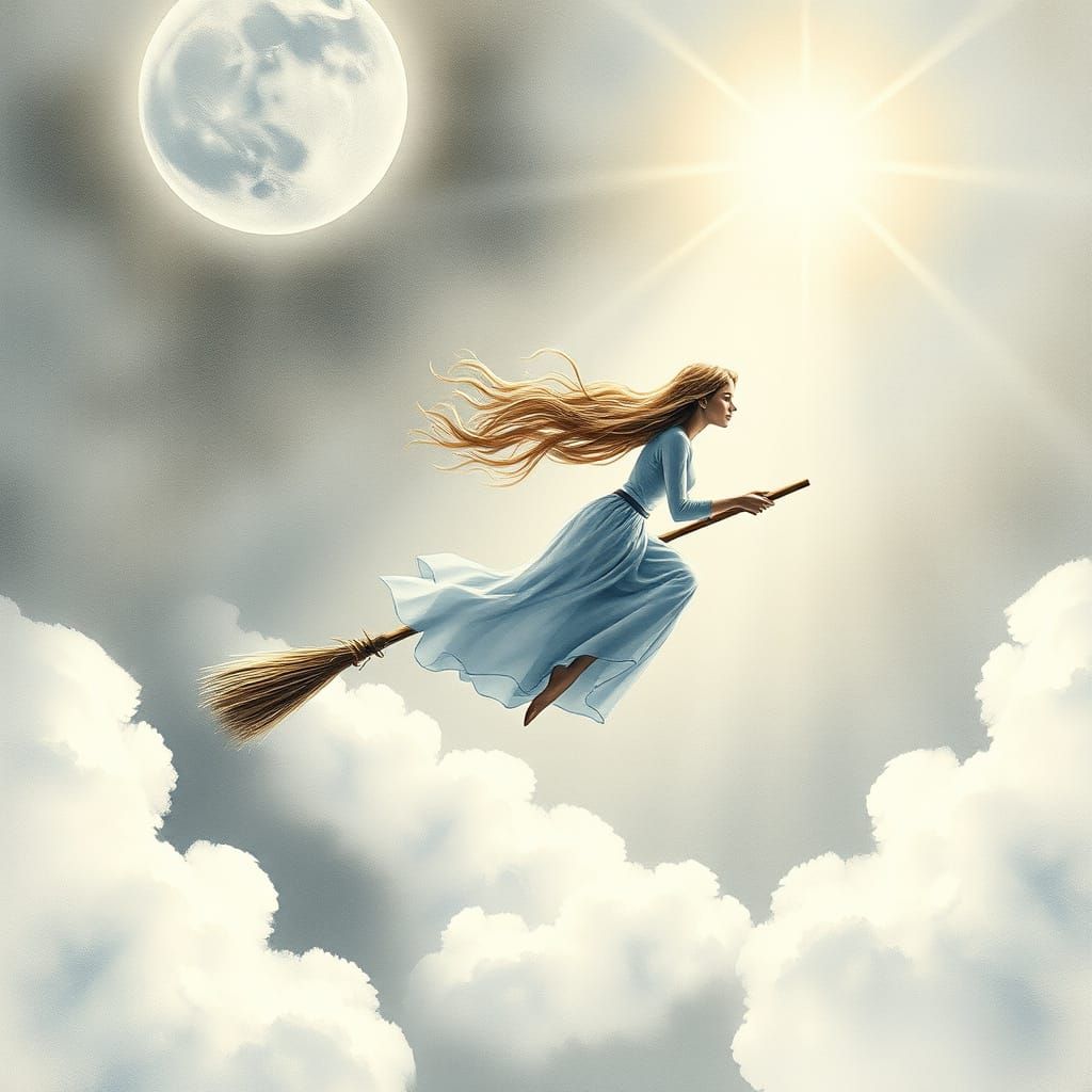 Monochromatic Watercolor of Woman Flying on Broomstick