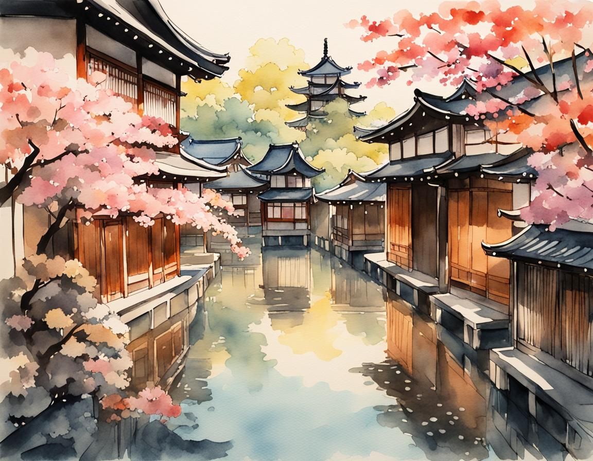 Kyoto Temples and Streets in Japanese Watercolor Style