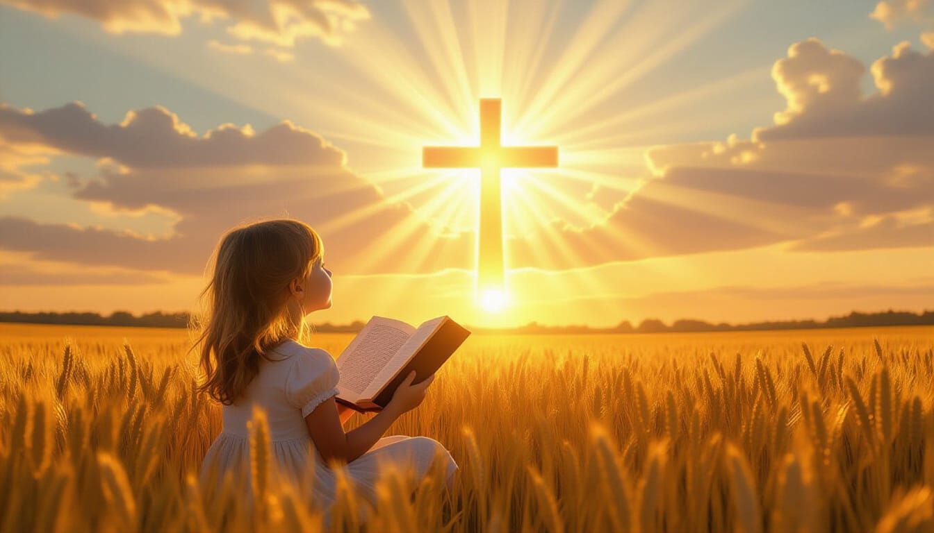 Girl in Wheat Field Receives Divine Light at Sunset