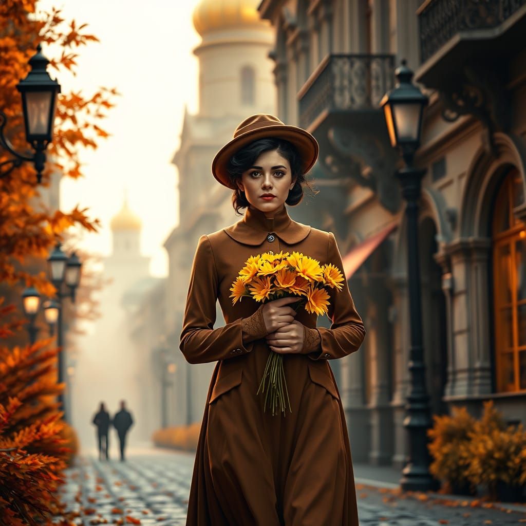 Early 20th-Century Woman Walks Autumnal Moscow Street in Imp...