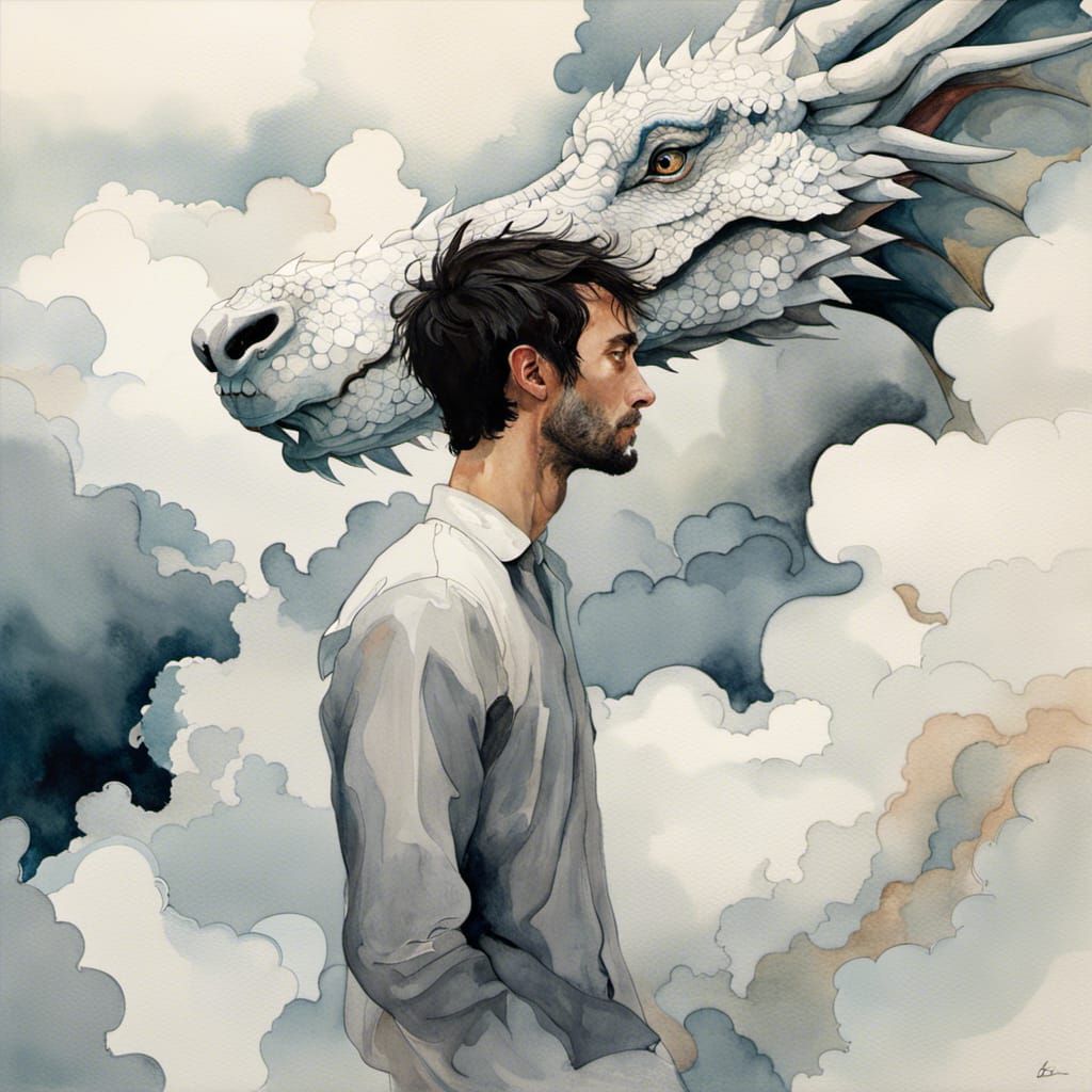 Man and Cloud Dragon in Watercolor Style