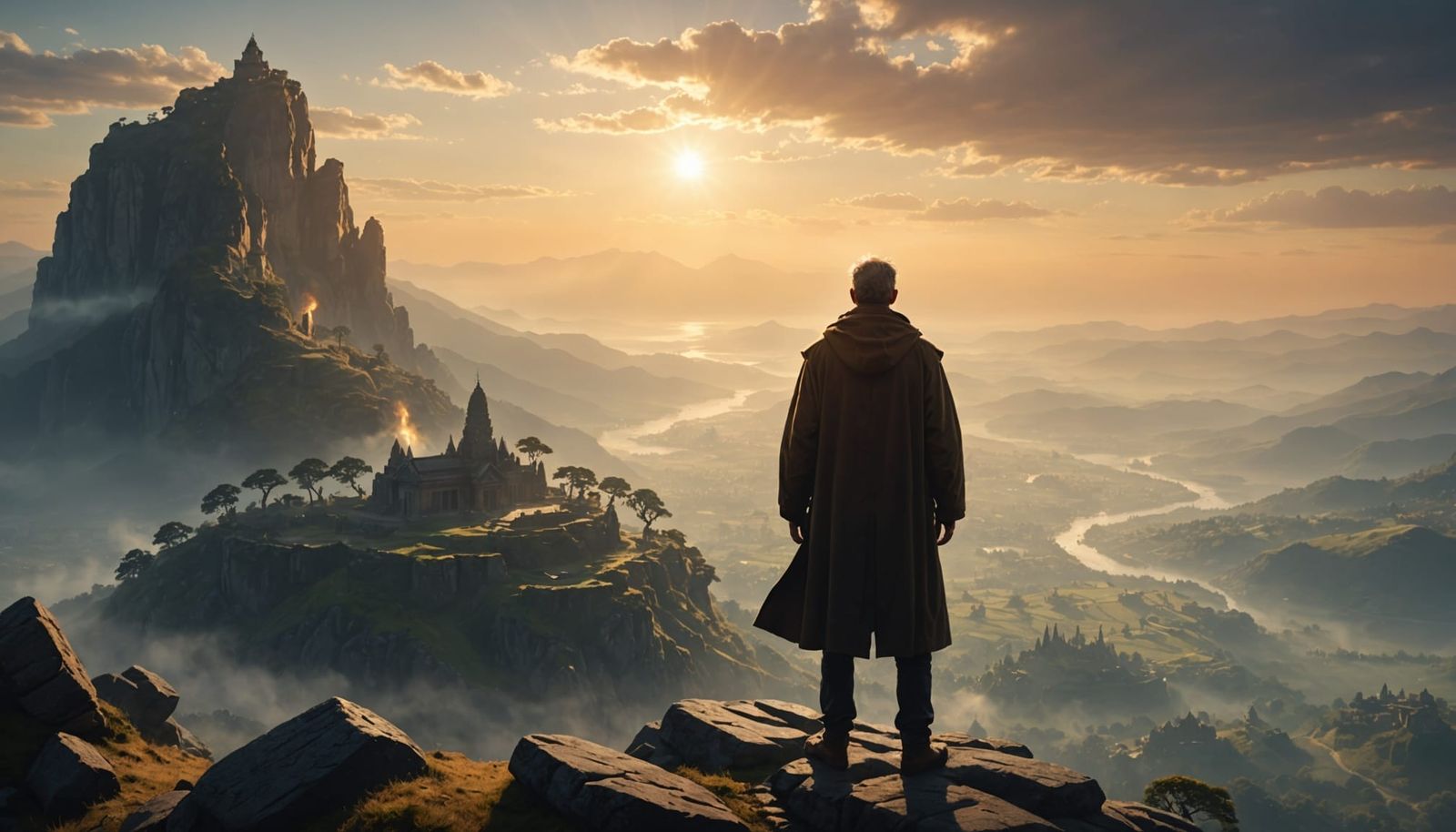 Spiritual Traveler Watches Sunrise Over Misty Valley