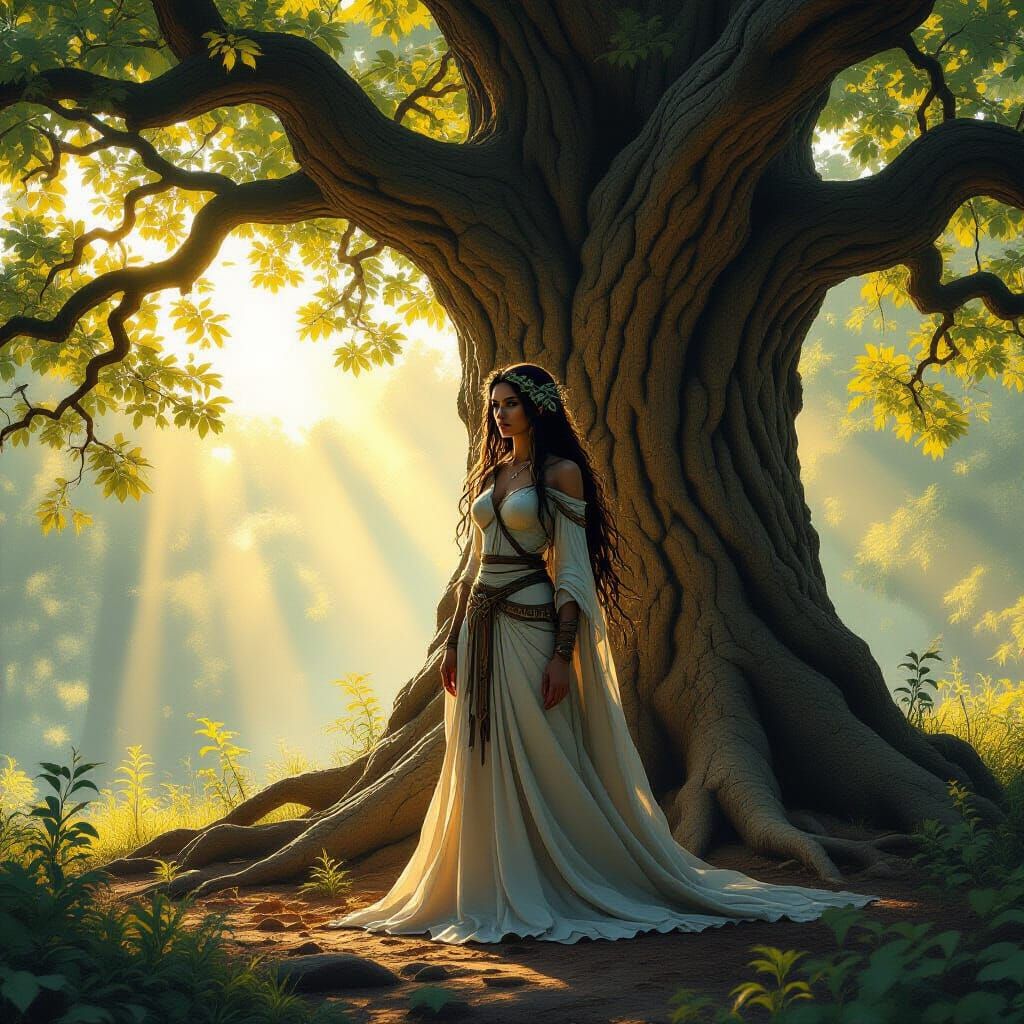 Sunlit Dryad Tree Spirit in Forest Landscape