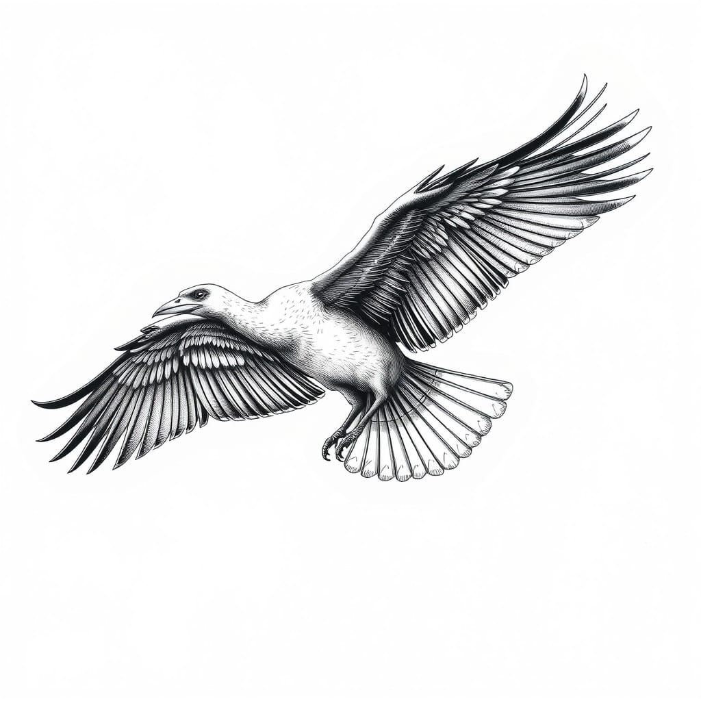 Majestic Bird in Flight, Charcoal Single Line Drawing