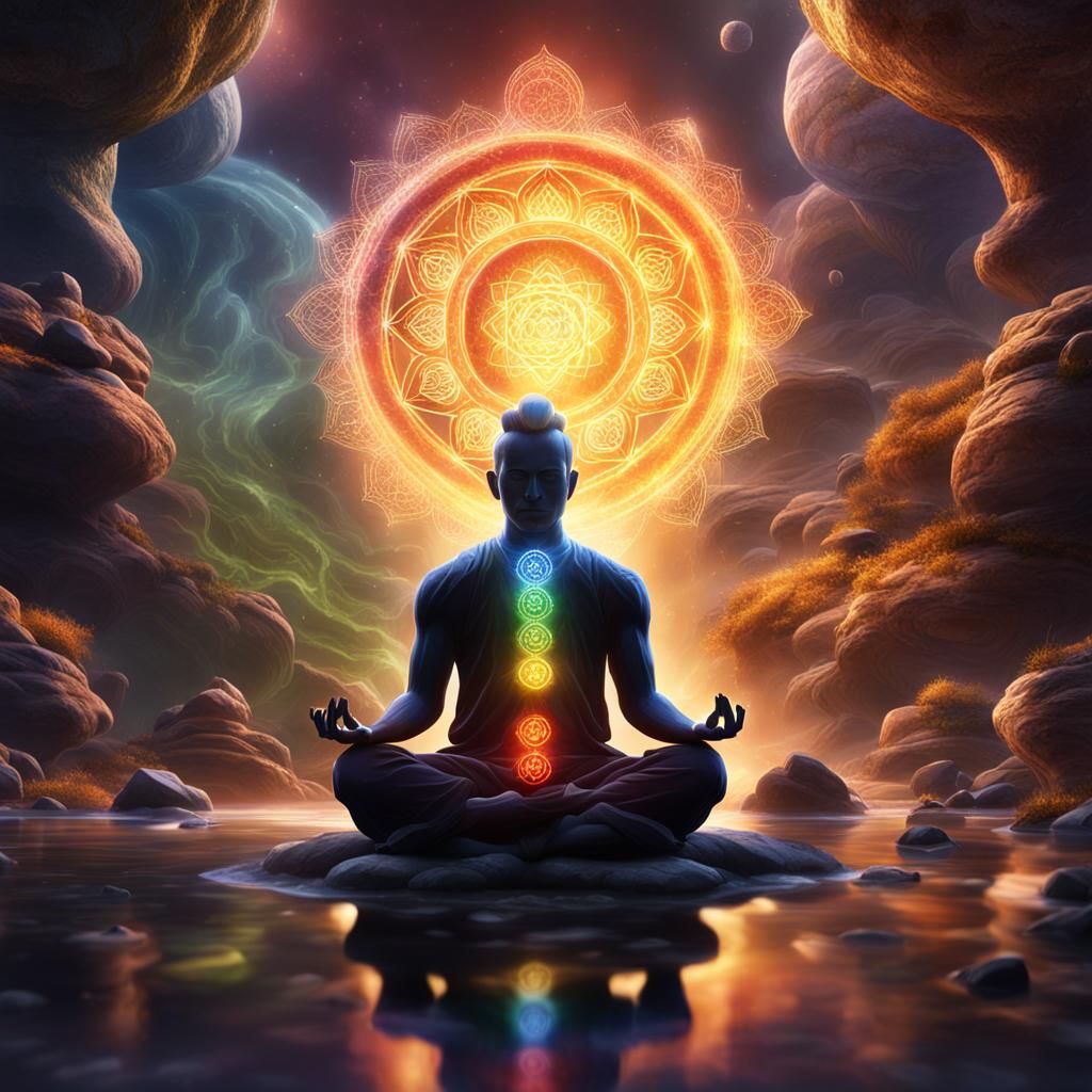 Meditating Man with Shining Chakras