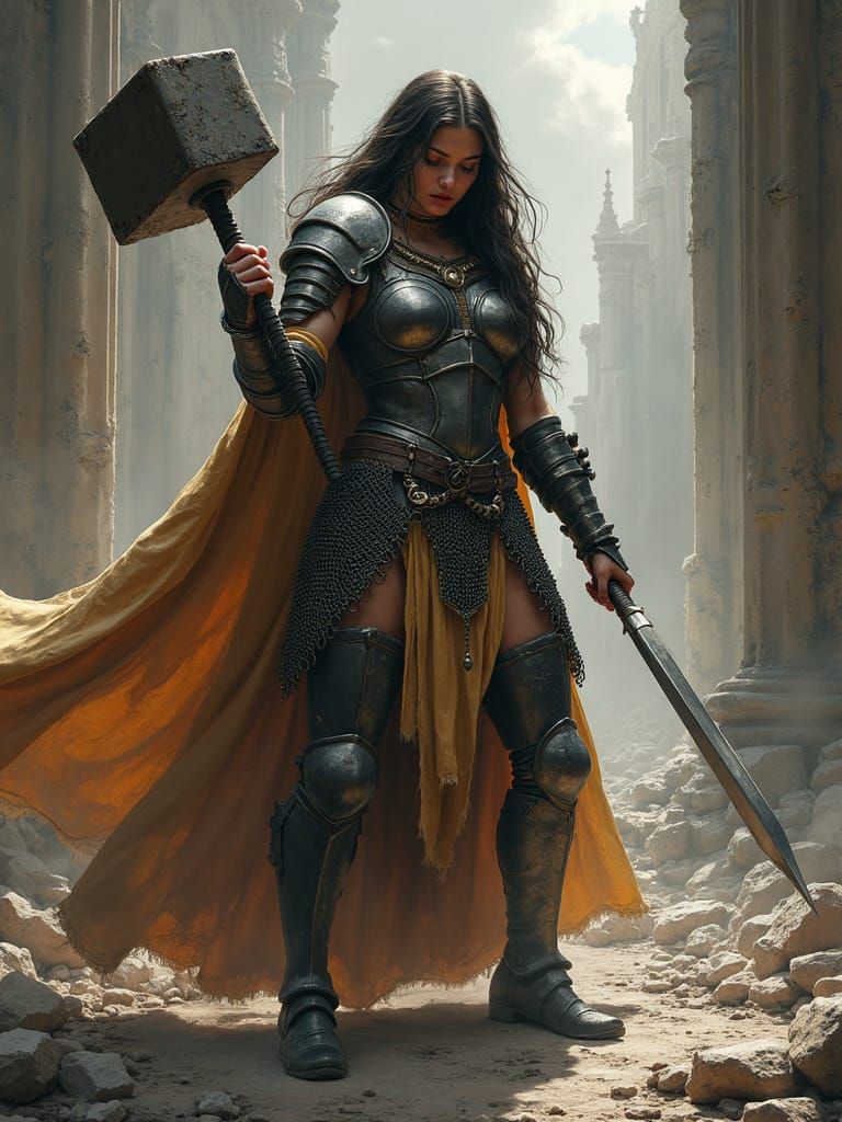 Warrior Priestess in Battle, Alphonse Mucha Style