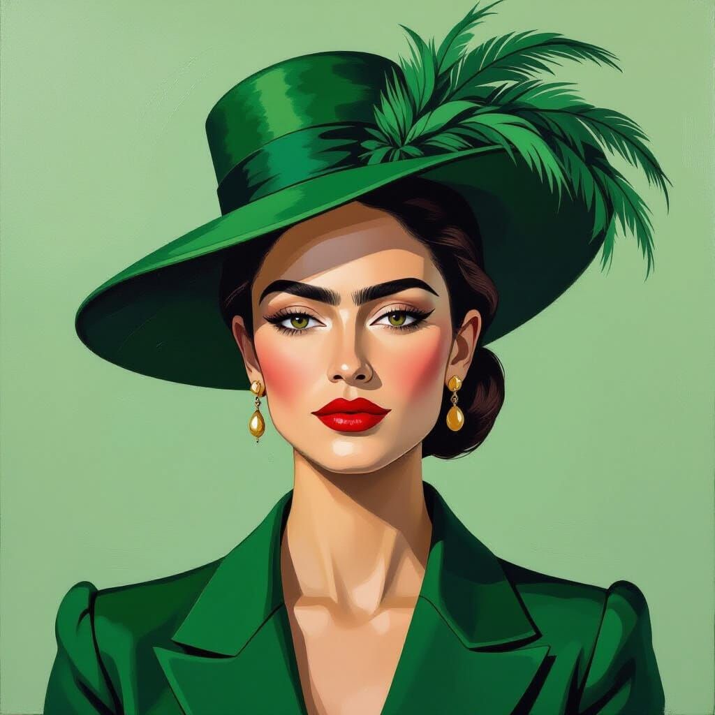 Elegant Woman in Green Hat: Impasto Acrylic Portrait