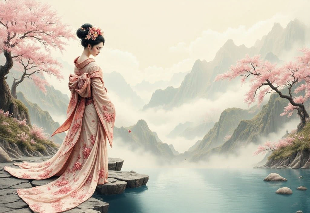 Whimsical Watercolor Geisha in Harmony with Nature