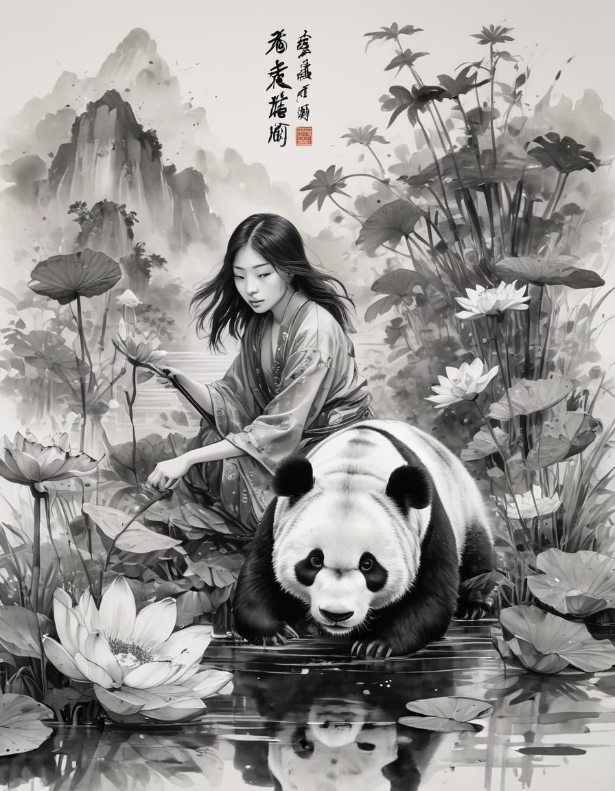 Girl Rides Panda in Ancient Ink Style