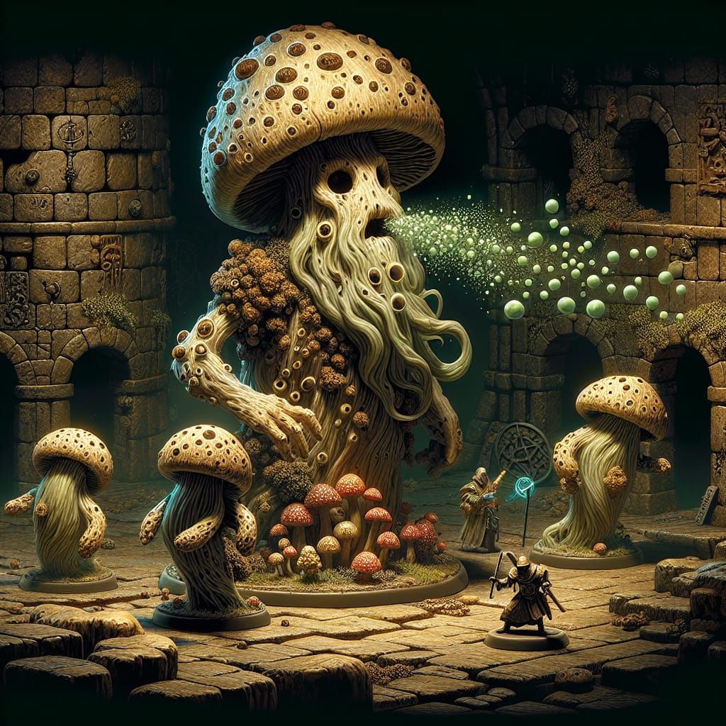Fungus Folk Sporelings Sneezing in a Dungeon