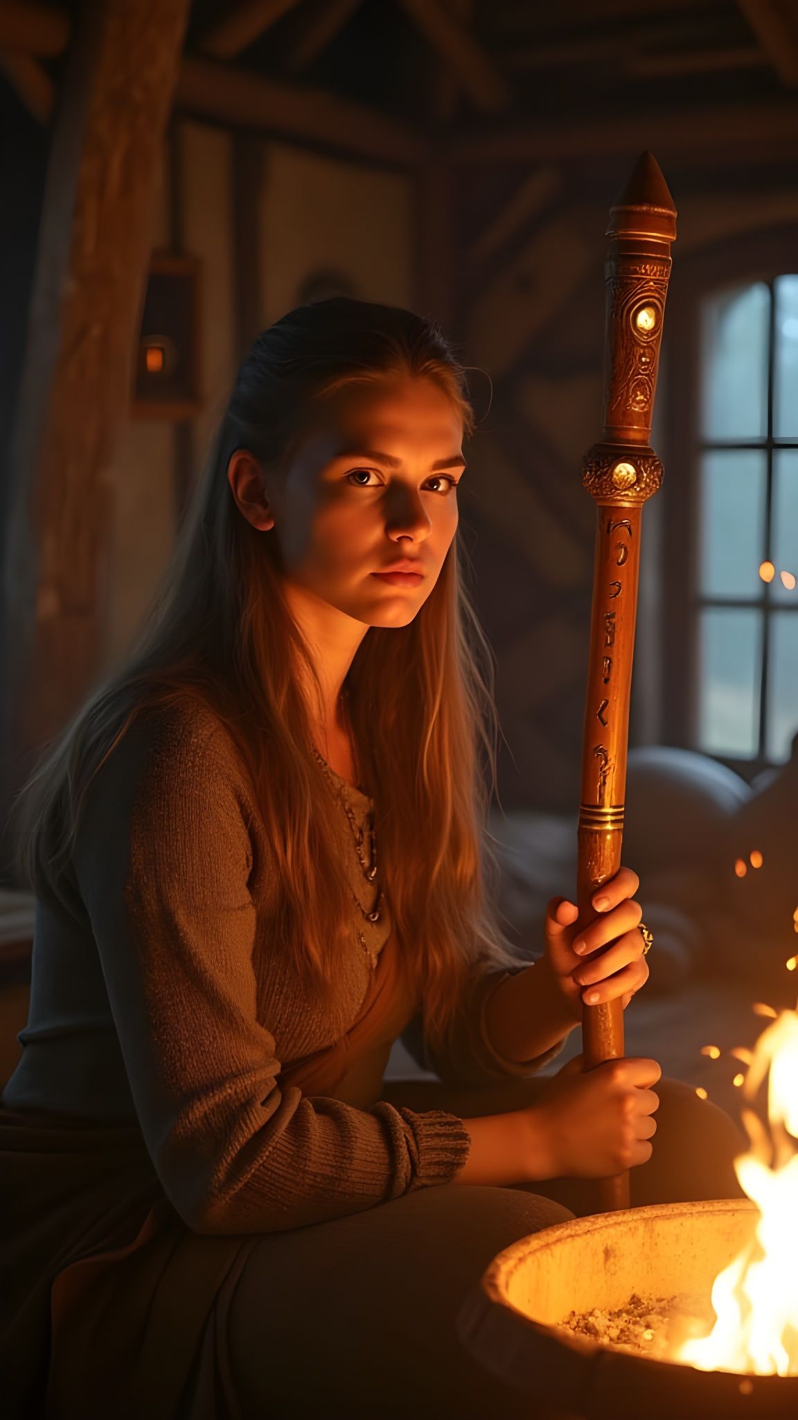 Nordic Woman with Runes in Firelight, as Digital Art