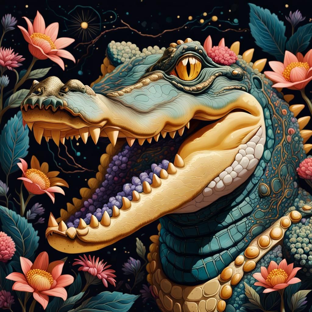 Marzipan Crocodile Portrait at Night in Gouache Style