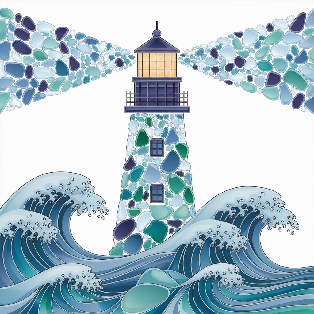 Sea Glass Lighthouse with Shimmering Light Beam