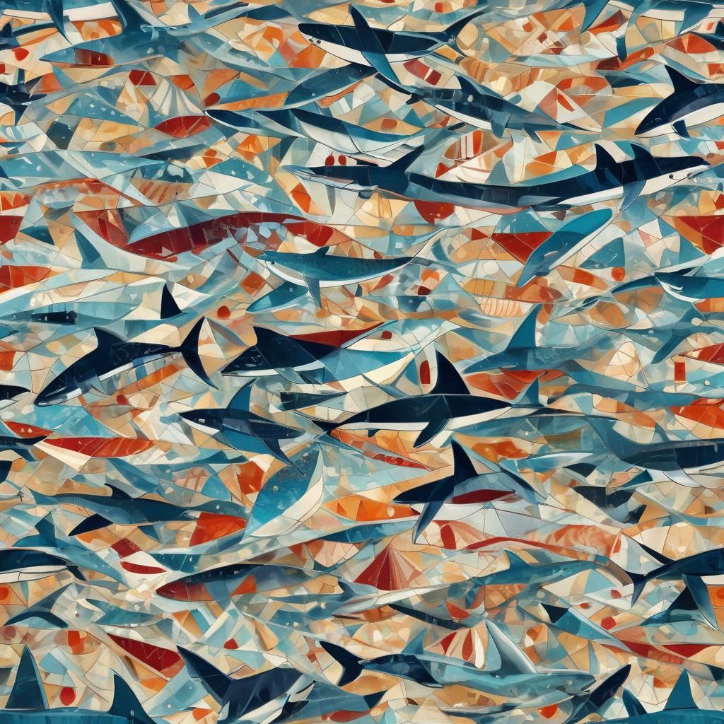 Cubist Masterpiece: Sharks Surfing on a Vibrant Beach