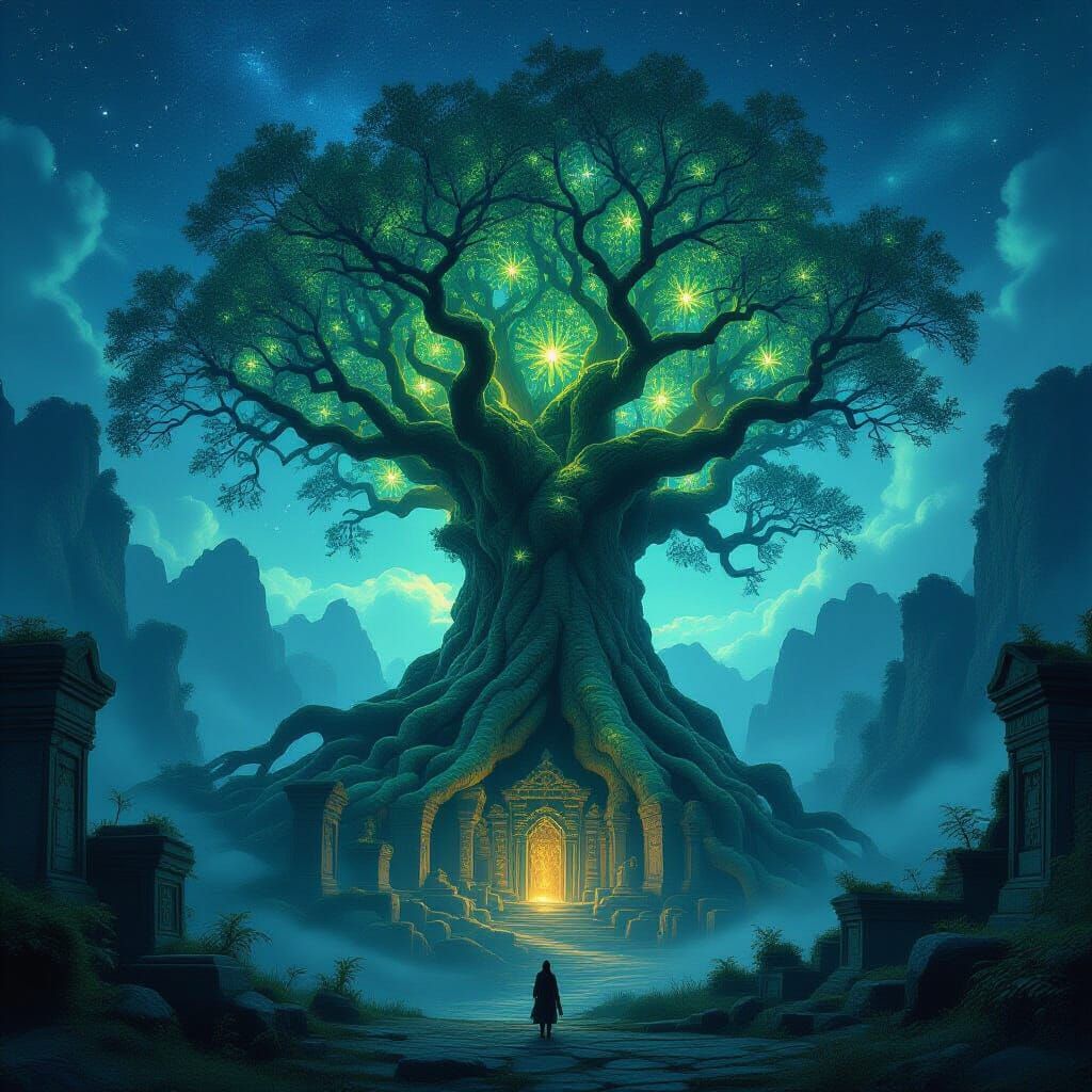 Bioluminescent Tree in Mystical Valley Digital Matte Paintin...