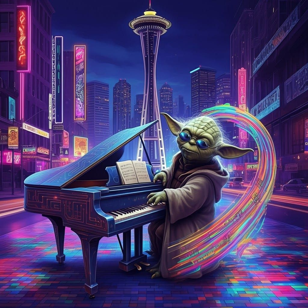 Yoda Plays Piano in Futuristic Cityscape