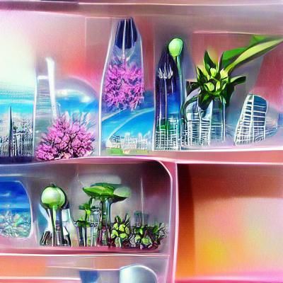 Anime Cabinet of Futuristic Cities and Alien Plants