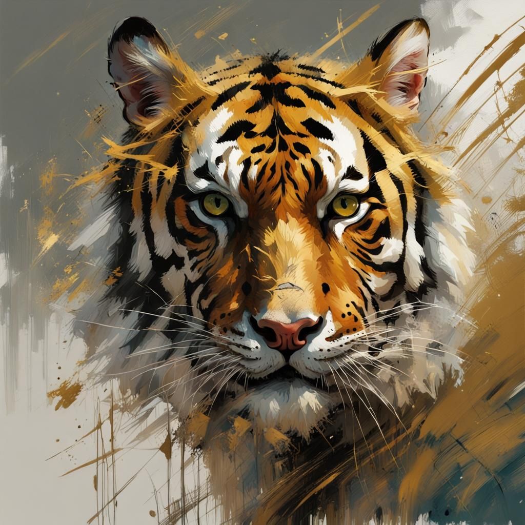Golden Tiger Close-Up: Matte Painting with Impasto Textures