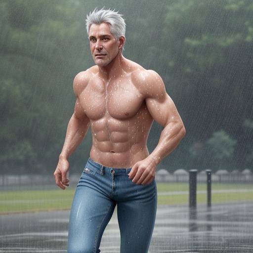 Silver Fox Hunk Jogging Shirtless in Rainy Park