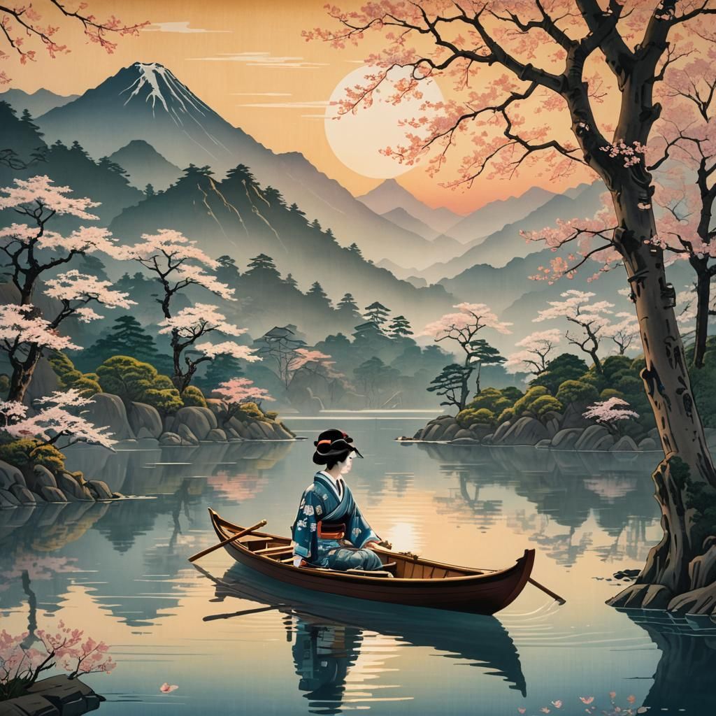 Geisha on Lake at Sunrise in Ukiyo-e Style