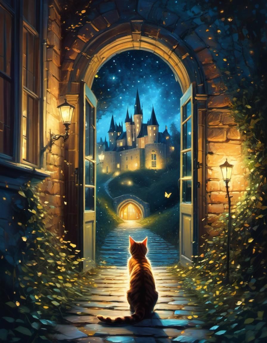 Magical Cat Pathway Illustration in Oil Painting Style