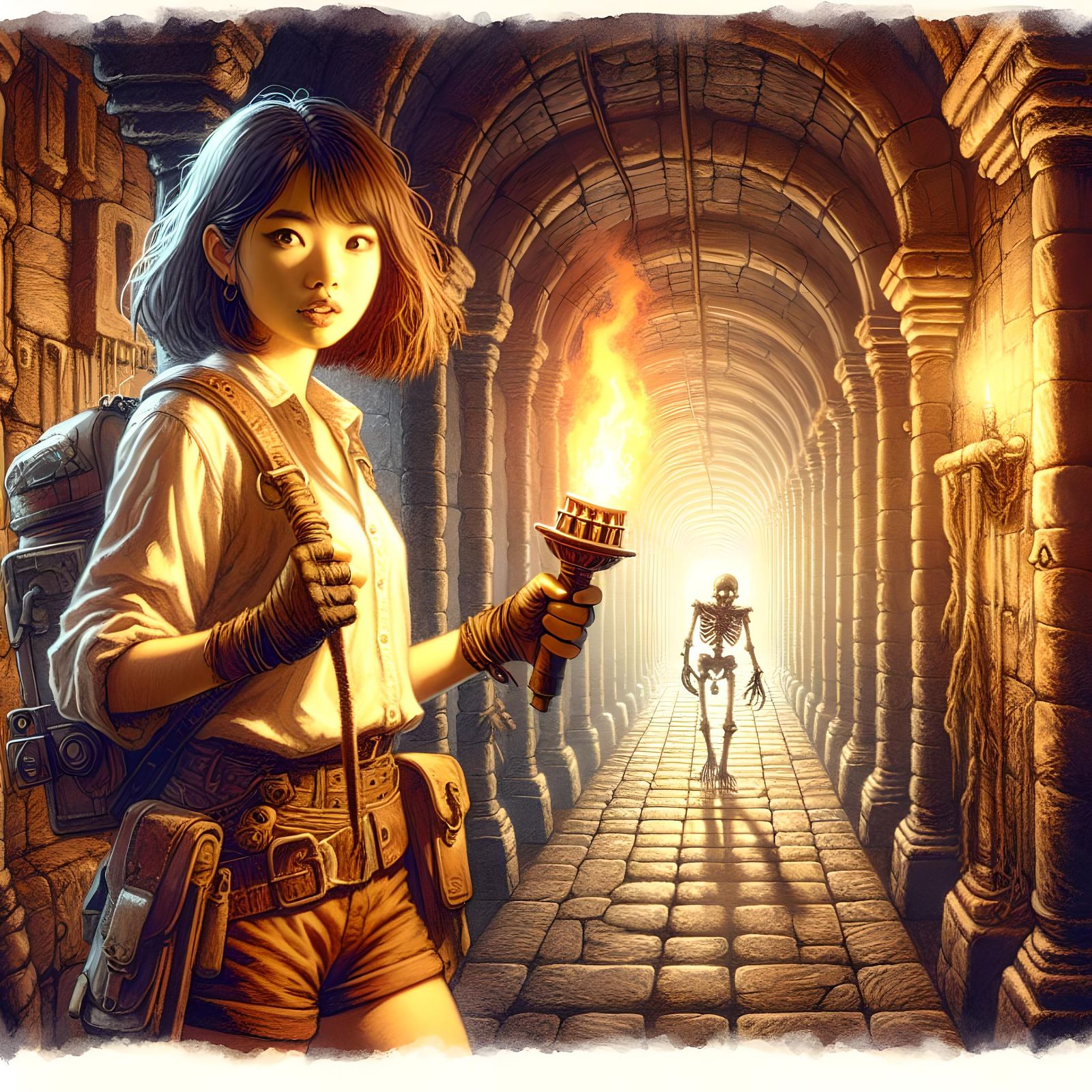 Fierce Girl Explorer in Dark Dungeon, Digital Watercolor