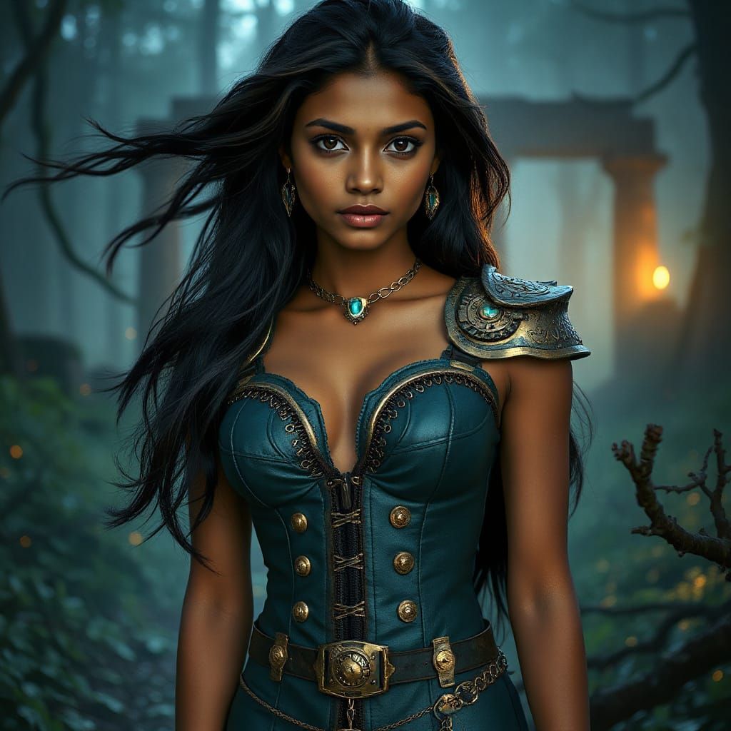 Steampunk Warrior Woman in Ancient Forest at Twilight