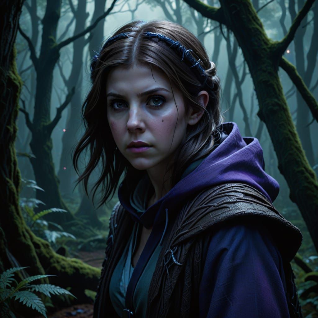 Anna Kendrick as a Jedi in a Dark, Misty Forest