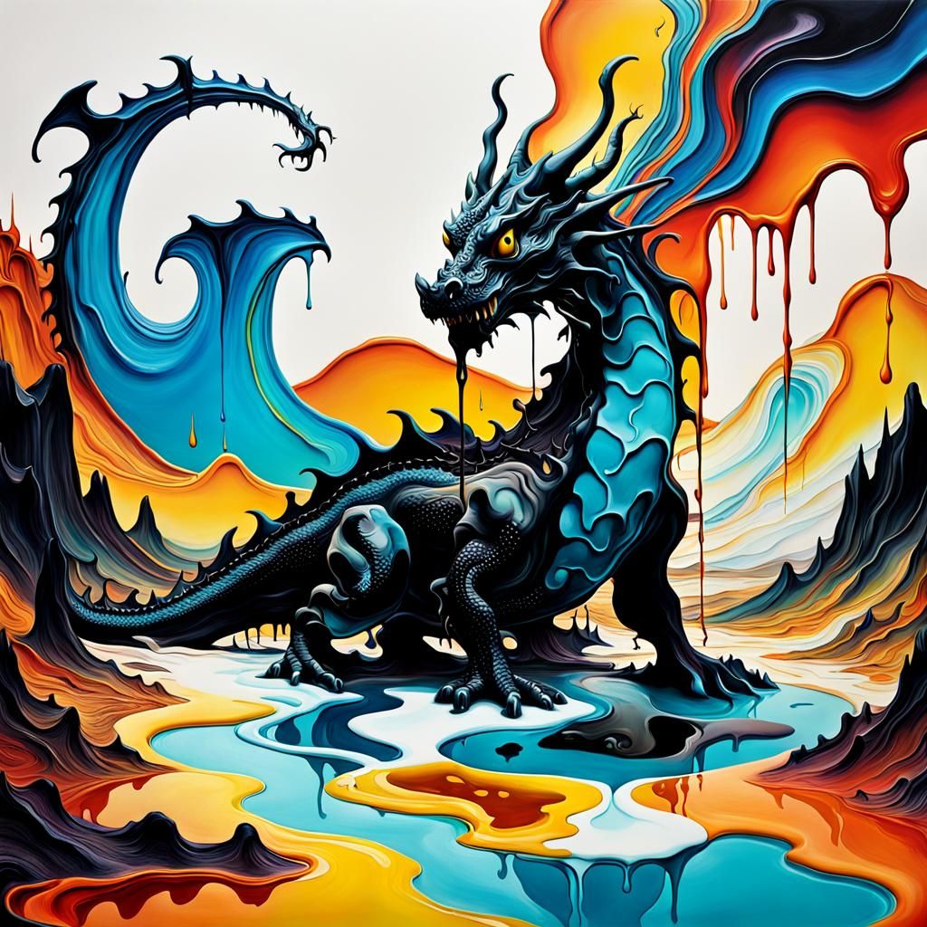 Melting Dragon in Dream Landscape, Surrealist Children's Art