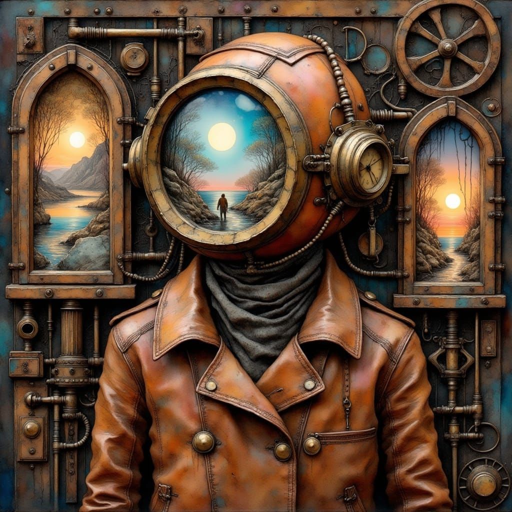 Steampunk Dreamwalker in Worn Leather Coat and Brass Goggles