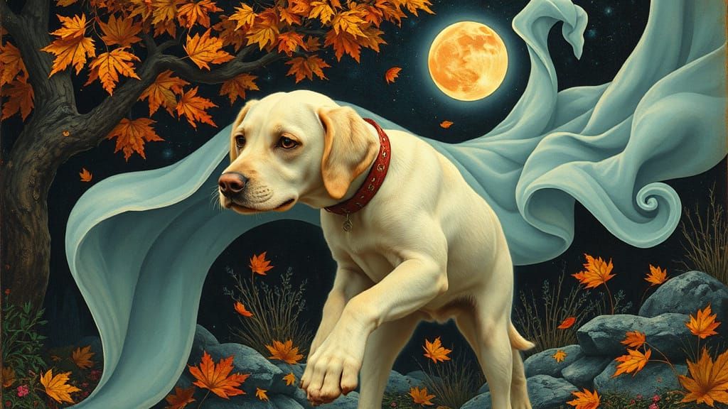 Ghost Dog Under Autumn Moon: Surreal Art