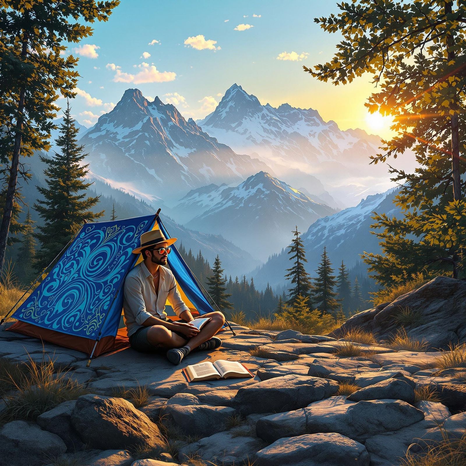 Serene Camping Scene with Golden Sun and Mystical Mountains