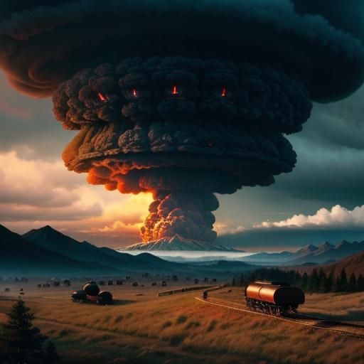 Old West Wagon Train and Distant Mushroom Cloud