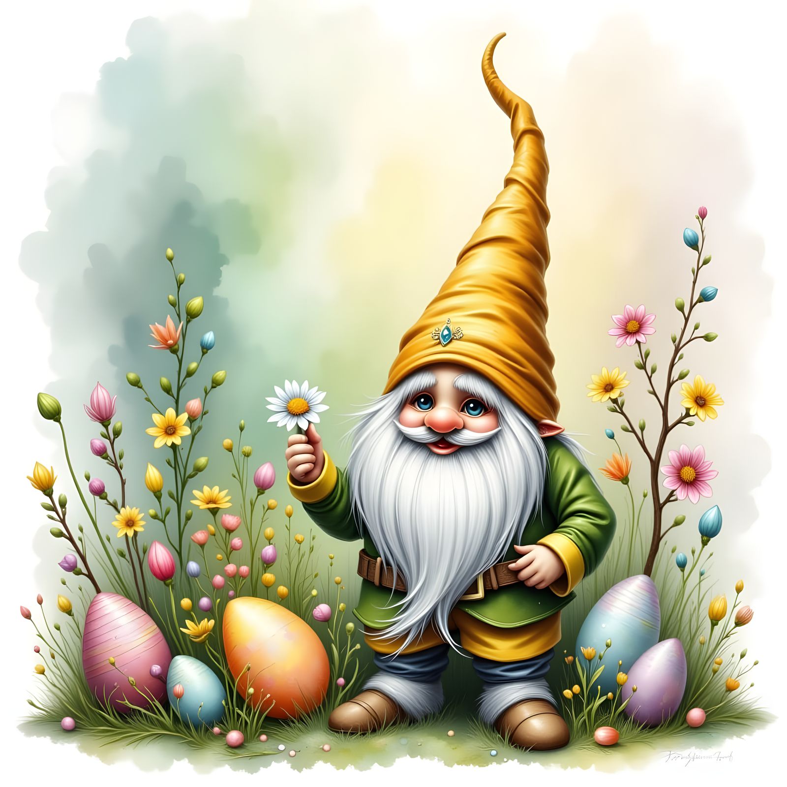 Whimsical Nordic Gnome in Easter Egg Landscape