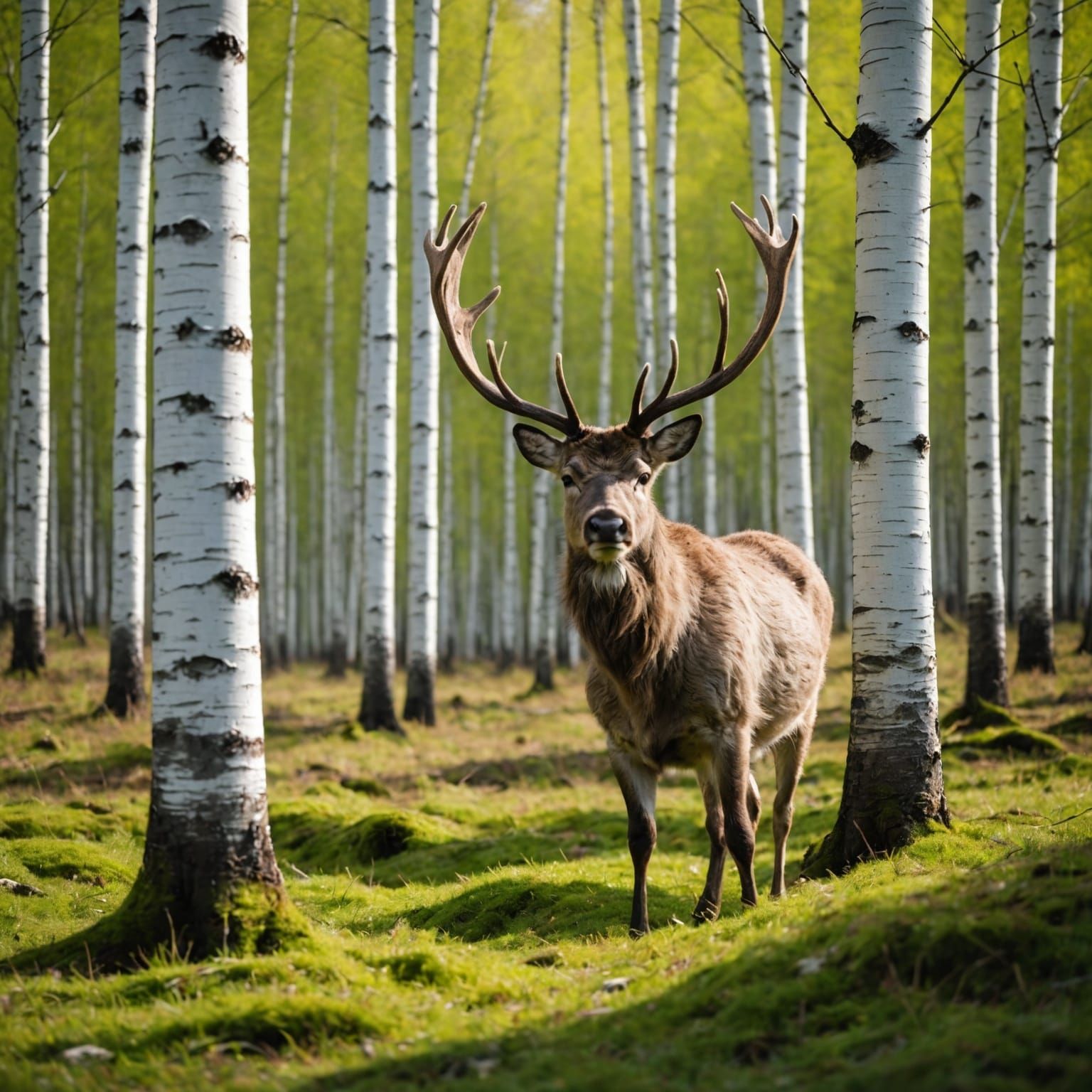 Reindeer in Spring Birch Forest, Professional Photography