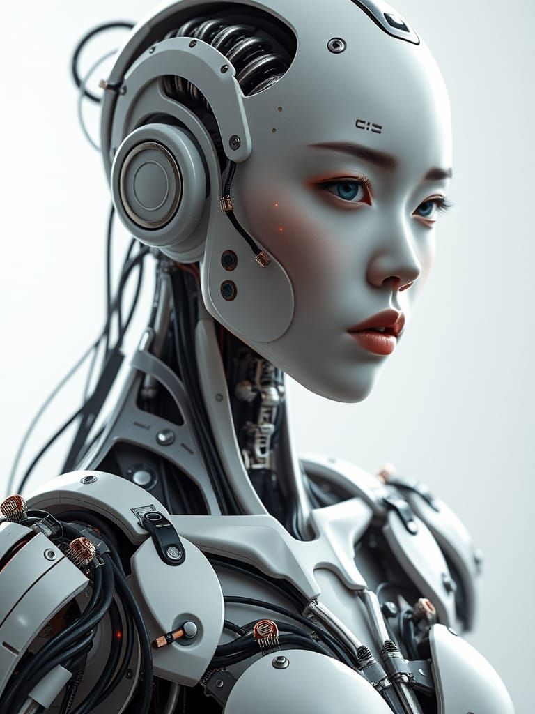 Elegant Asian Female Cyborg with Red Eye in Sci-Fi Style